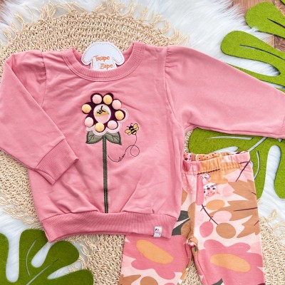 Conj. Casaco Flor Bordada com Pompons e Calça Legging - Rose
